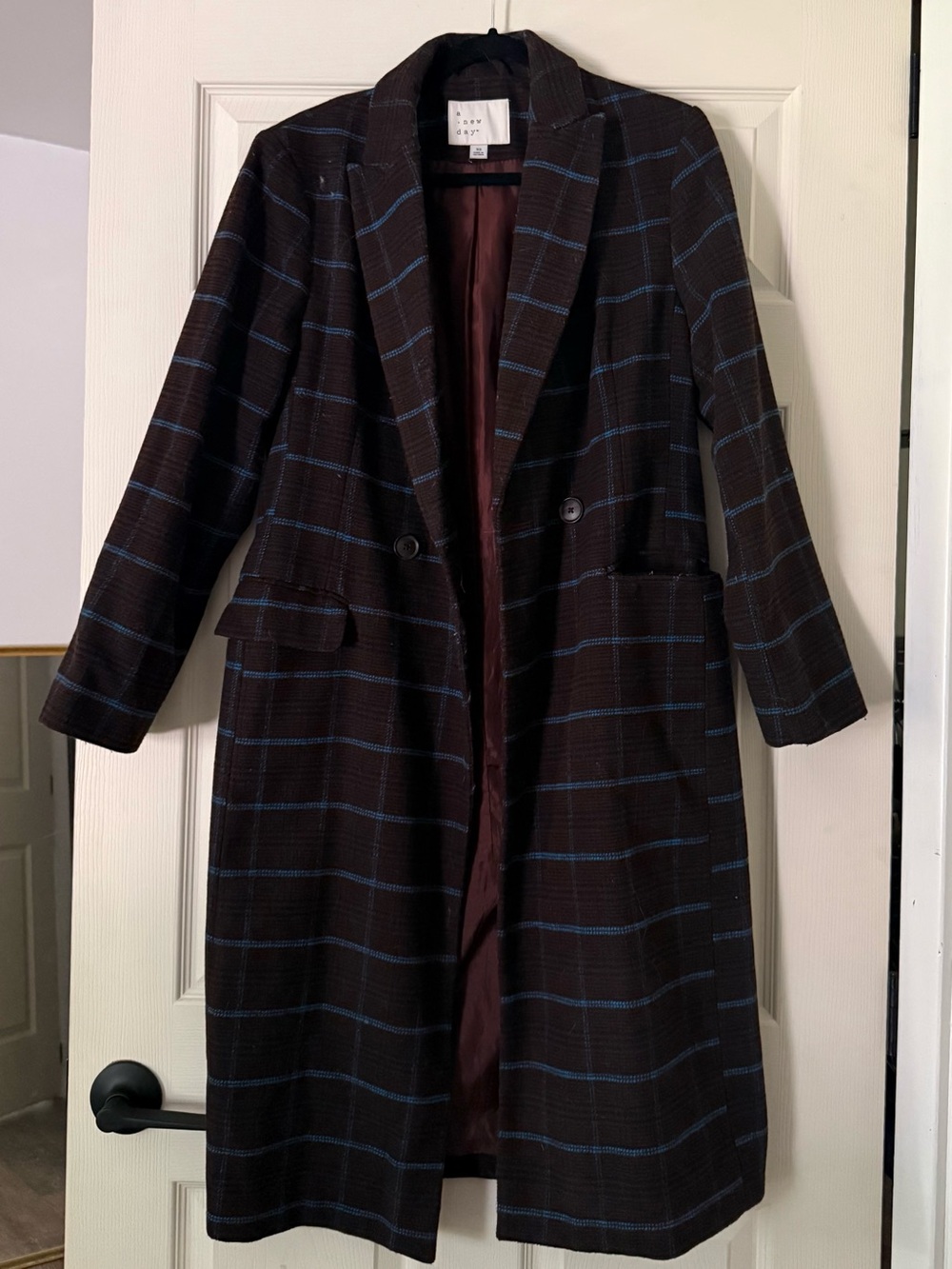 A New Day Women’s Trench Coat in Blue and Brown Plaid